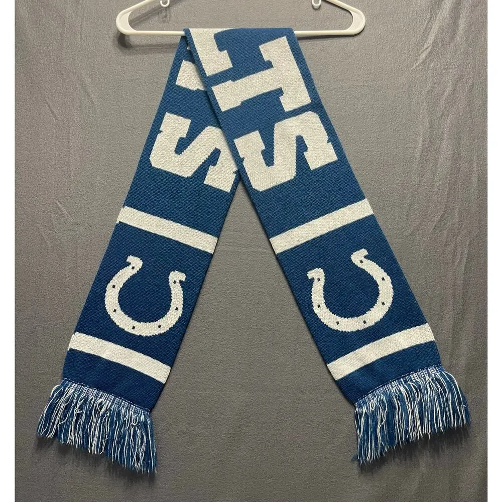 Indianapolis Colts knit scarf in team colors and horseshoe logos. casual gameday